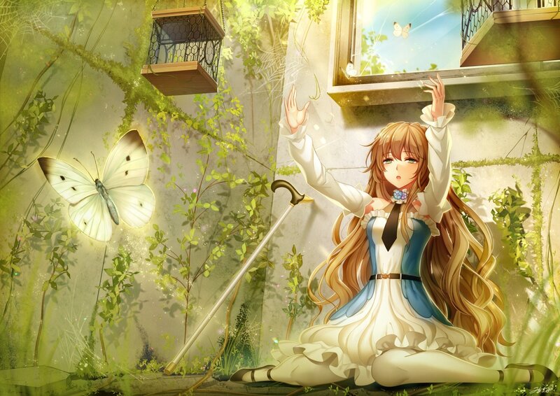 Girl with Butterfly — Green, Serene, Afternoon, Digital Art, Cane