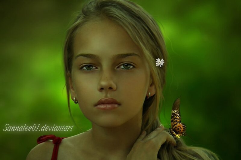 Girl with Butterfly — Green, Serene, Digital Art, Flower