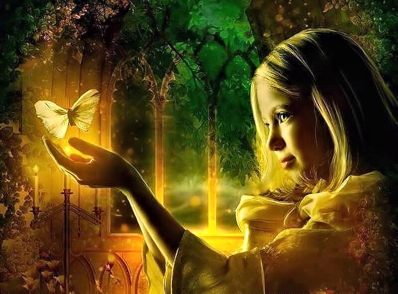 Girl with Butterfly — Green, Serene, Night, Digital Art