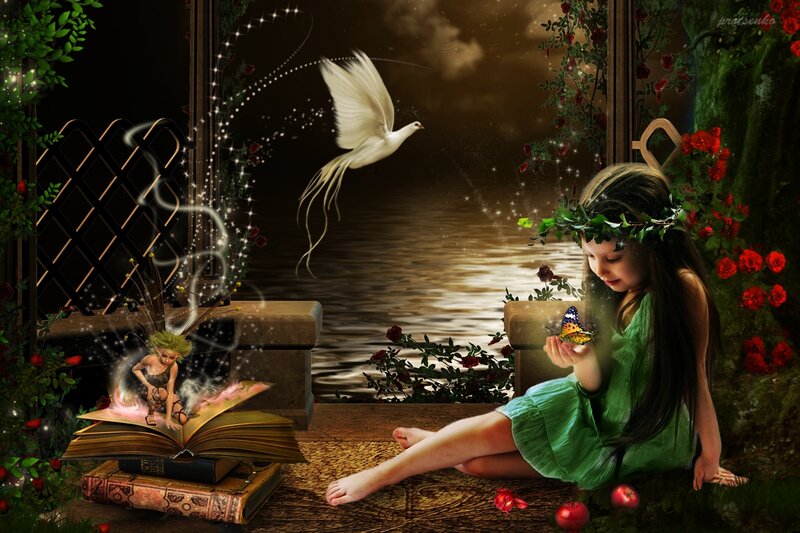 Girl with Butterfly — Green, Serene, Night