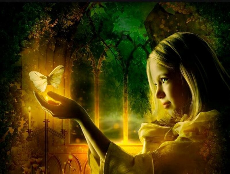 Girl with Butterfly — Green, Serene