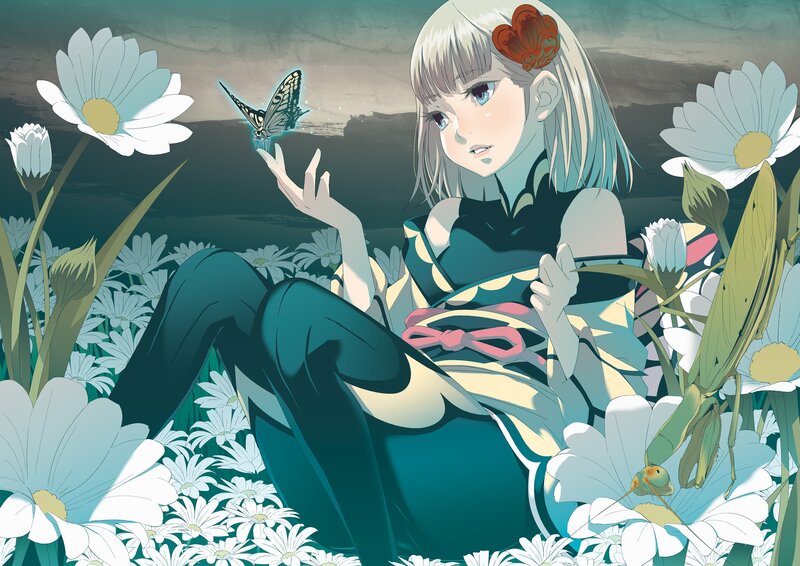 girl with butterfly in field