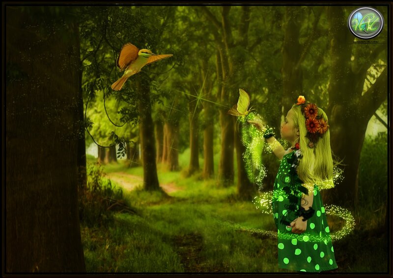 Girl with Butterfly in Forest