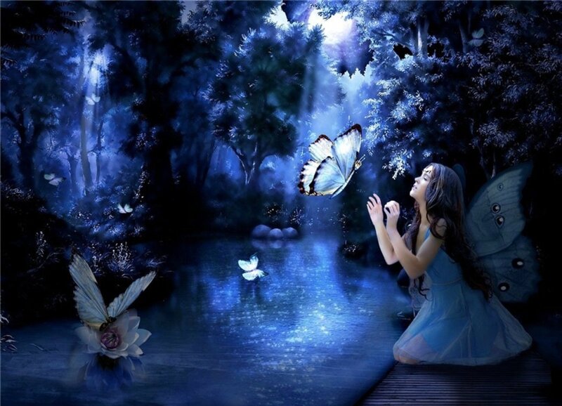 Girl with Butterfly Wings — Blue, Serene, Night, Digital Art