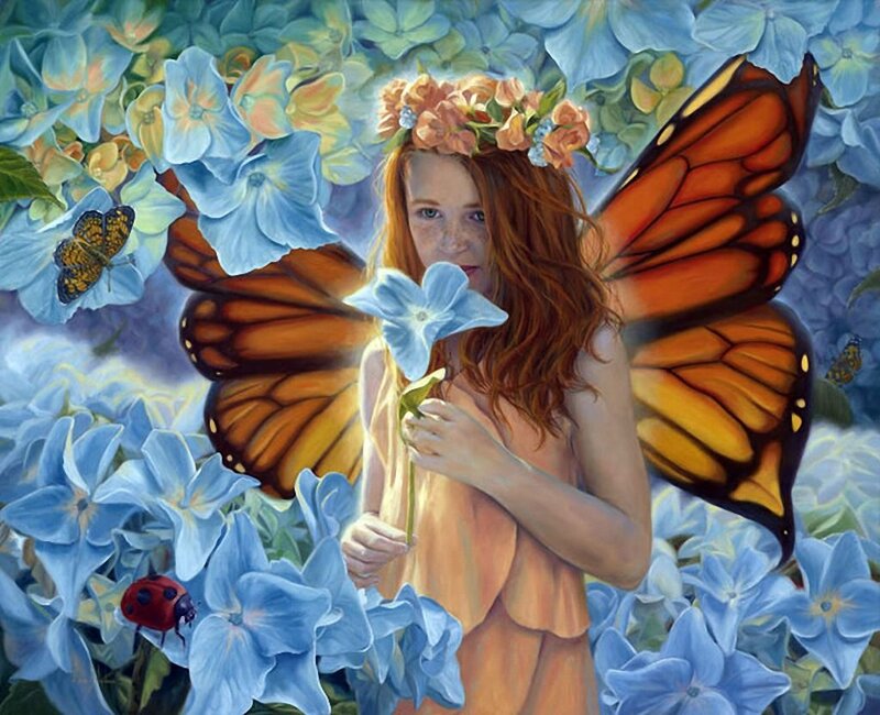 Girl with Butterfly Wings — Blue, Serene, Spring, Painting, Flowers, Ladybug