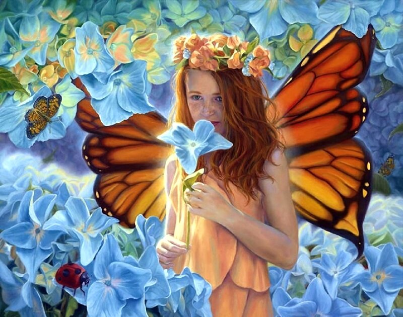Girl with Butterfly Wings — Blue, Serene, Spring, Painting