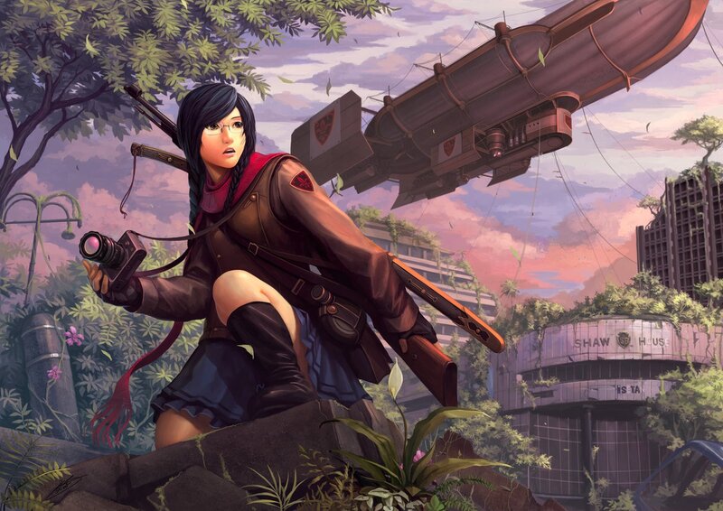 Girl with camera in ruined city