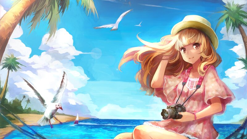 Girl with Camera on Beach — Blue, Serene, Afternoon