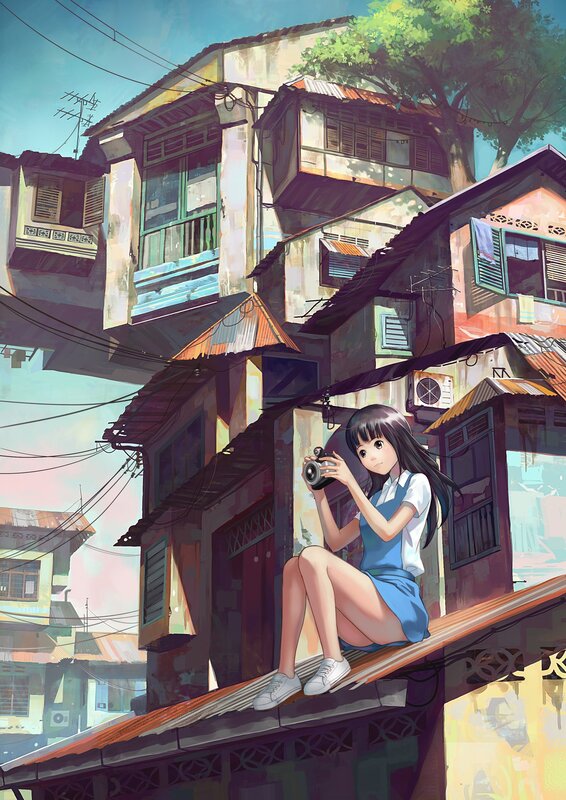 Girl with Camera on Roof