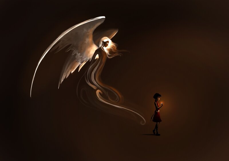 Girl with Candle and Angel — Brown, Dramatic
