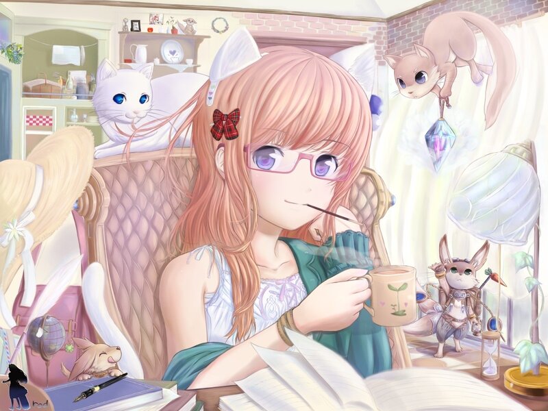 Girl with Cat and Animals — Pink