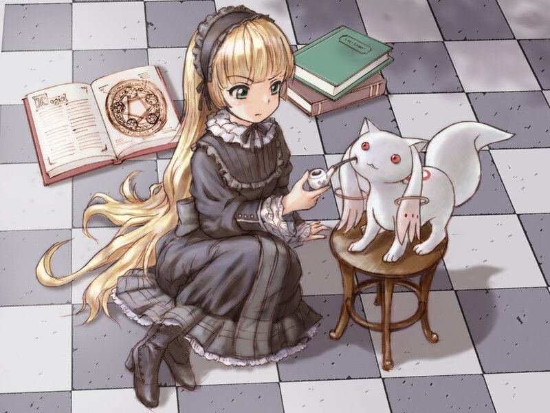 girl with cat and books