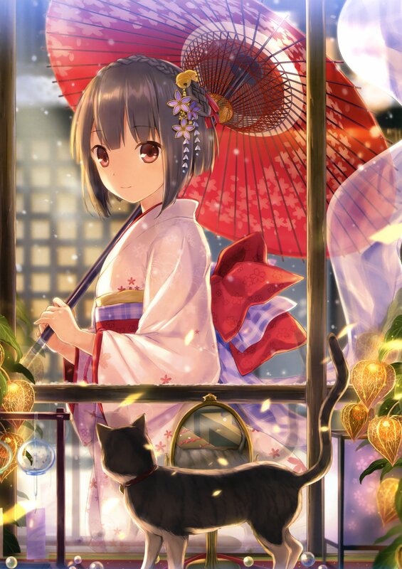 Girl with Cat and Umbrella