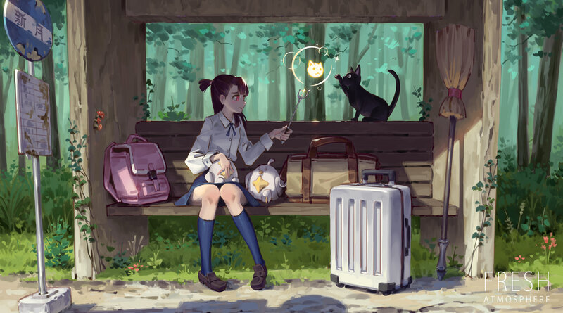 Girl with Cat at Bus Stop