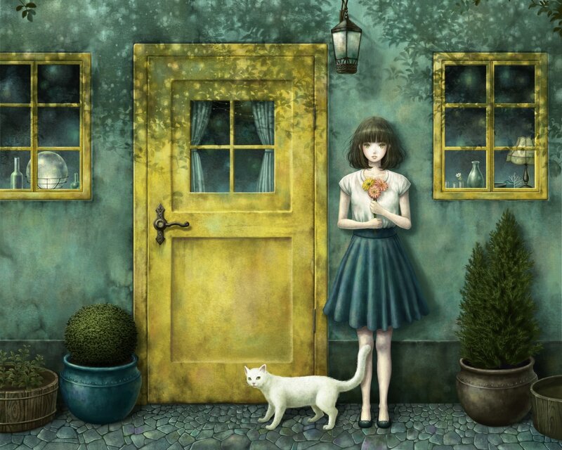 Girl with Cat at Door