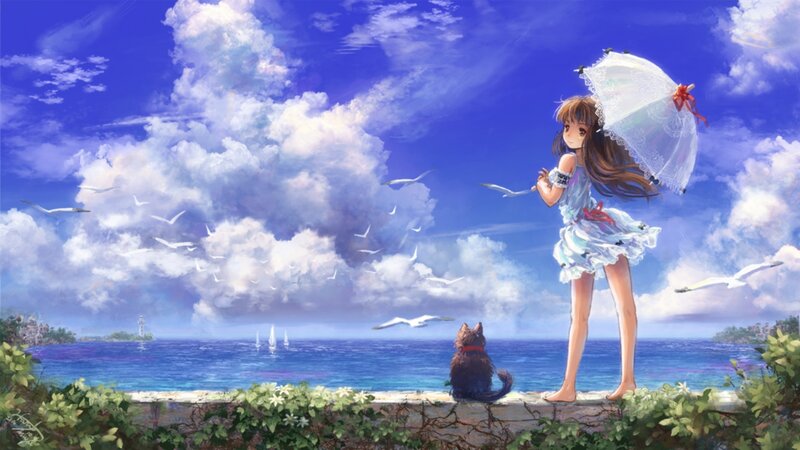 Girl with Cat at Seaside