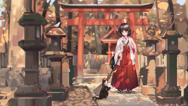 Girl with Cat at Shrine
