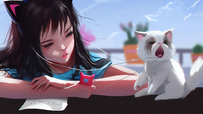 Girl with Cat — Blue