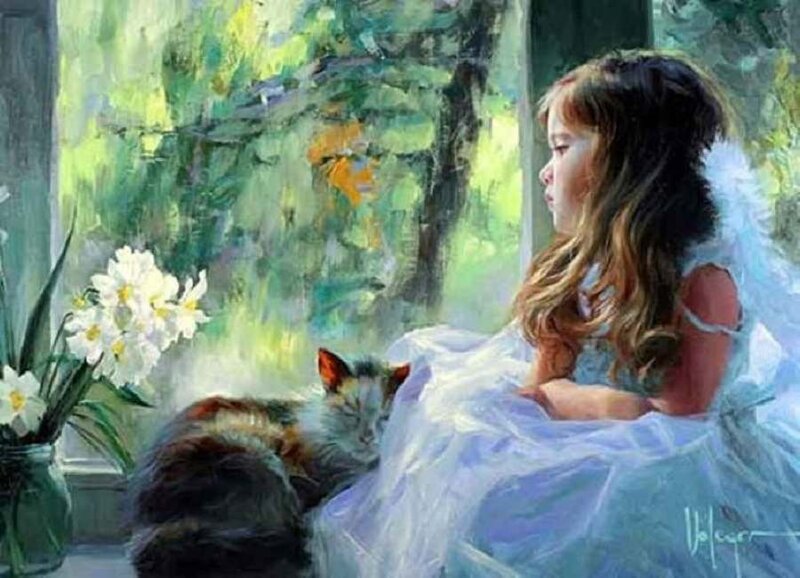 Girl with Cat by Window