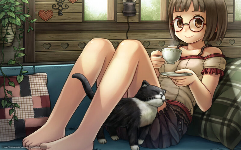 Girl with cat drinking tea