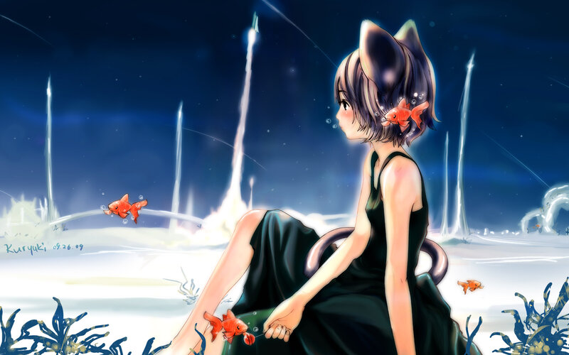 girl with cat ears and goldfish
