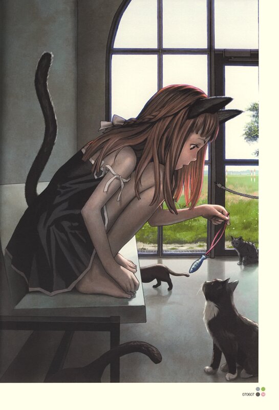 girl with cat ears playing with cats