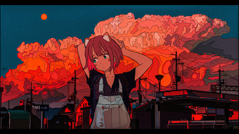 Girl with Cat Ears — Red, Dramatic, Night