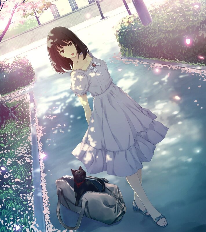 Girl with cat in cherry blossom garden