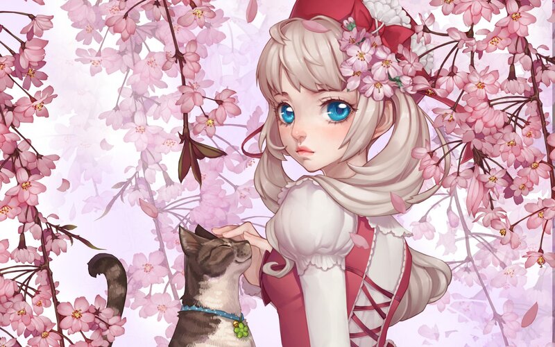 Girl with Cat in Cherry Blossoms