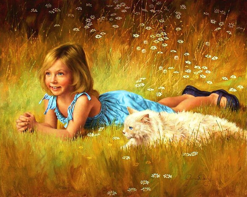 Girl with Cat in Field — Blue