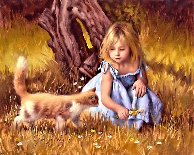 Girl with Cat in Field — Yellow