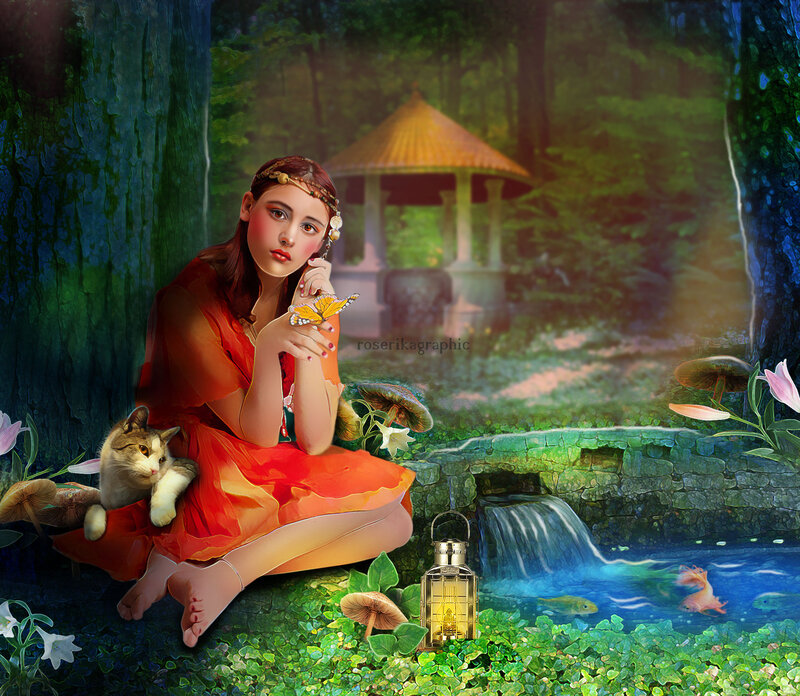 Girl with Cat in Forest — Green, Serene, Afternoon