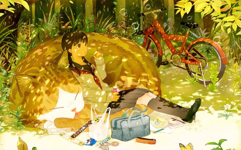 Girl with Cat in Forest — Green, Serene