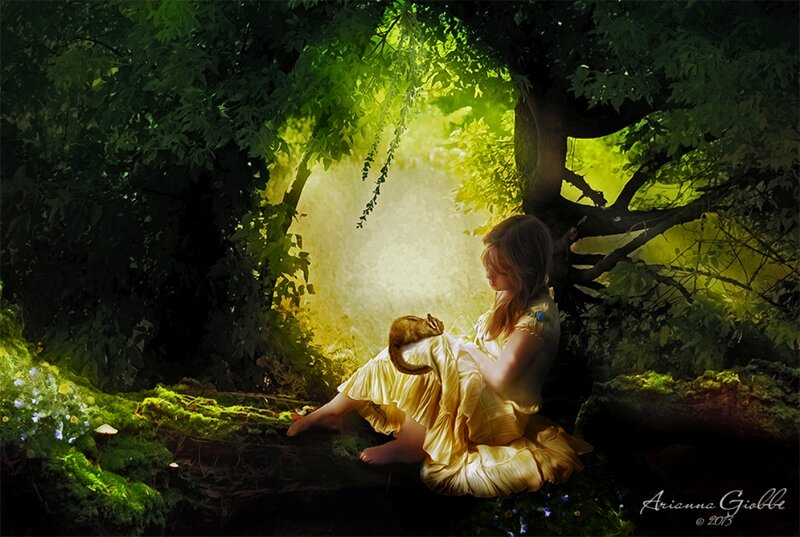 Girl with Cat in Forest — Green