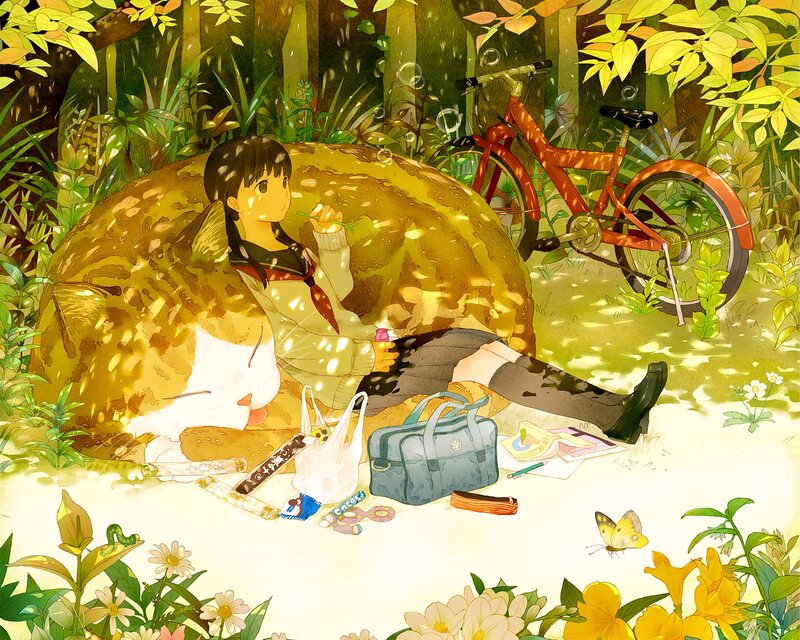 Girl with Cat in Forest