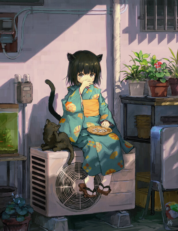 Girl with Cat in Kimono