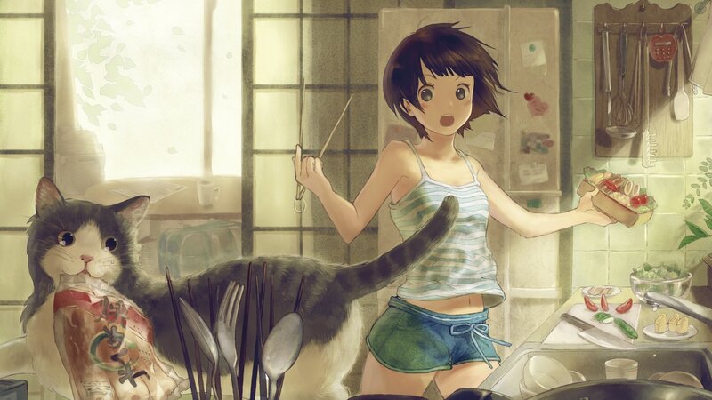 Girl with Cat in Kitchen — Green