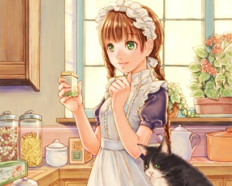 Girl with Cat in Kitchen