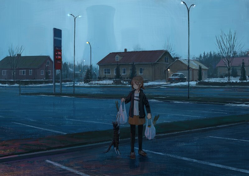 Girl with Cat in Parking Lot