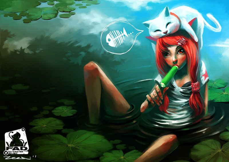 girl with cat in pond
