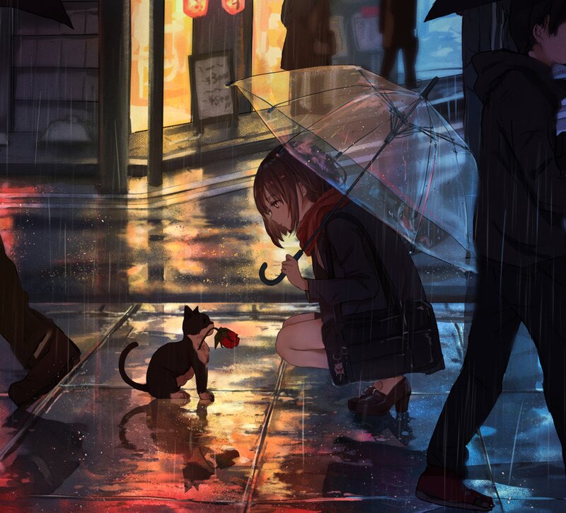 Girl with Cat in Rain — Black, Dramatic