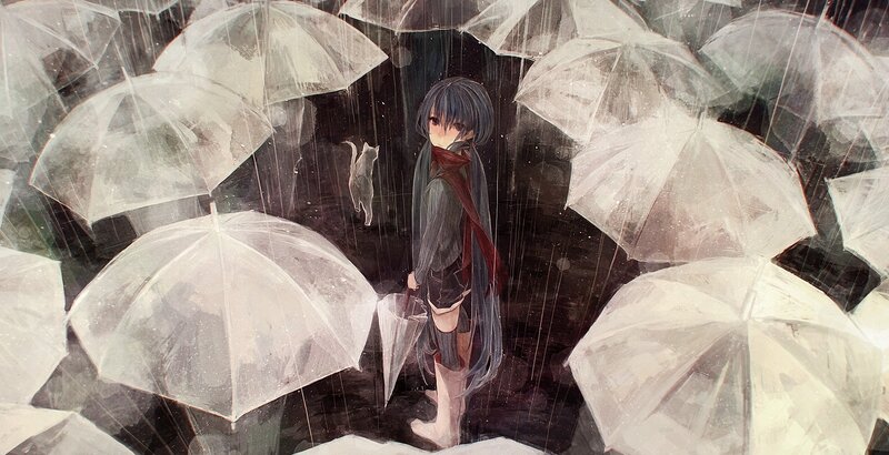 girl with cat in rain