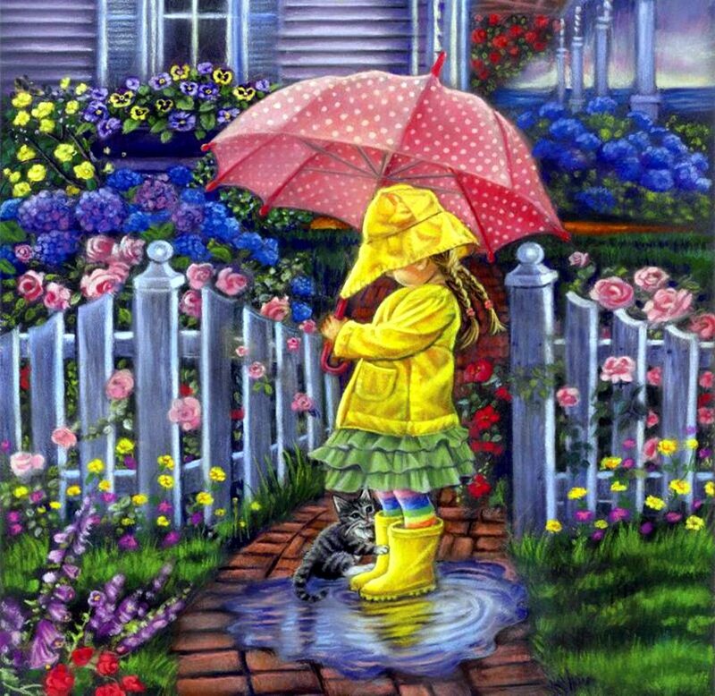 Girl with Cat in Rain — Yellow