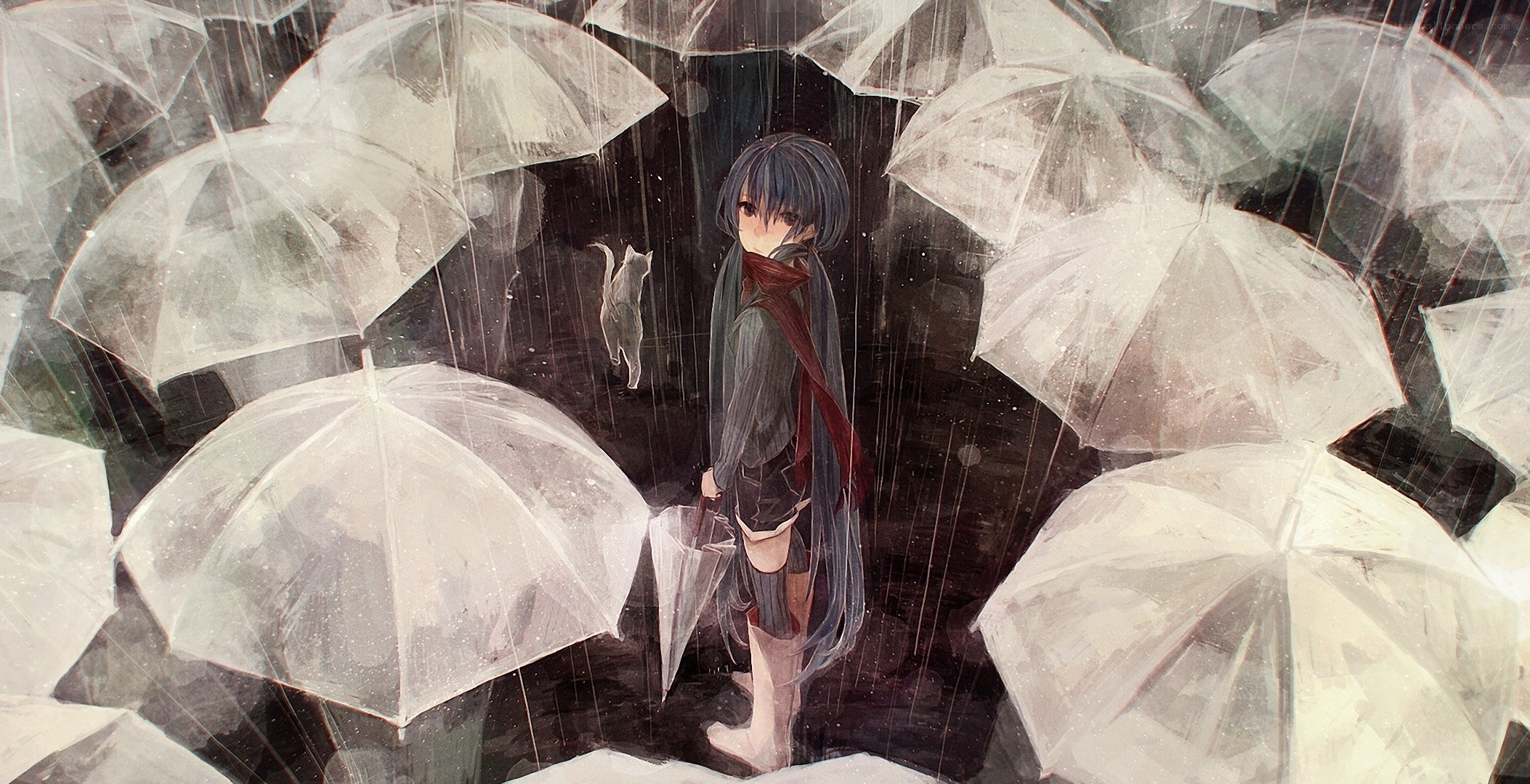 girl with cat in rain
