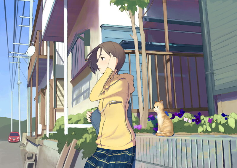 Girl with cat on a quiet street