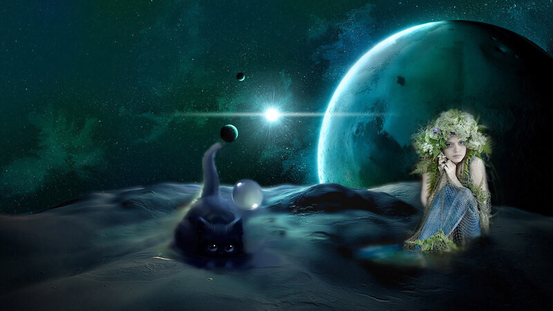 Girl with Cat on Alien Planet — Green
