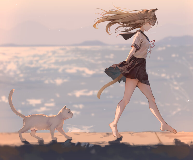 Girl with Cat on Beach