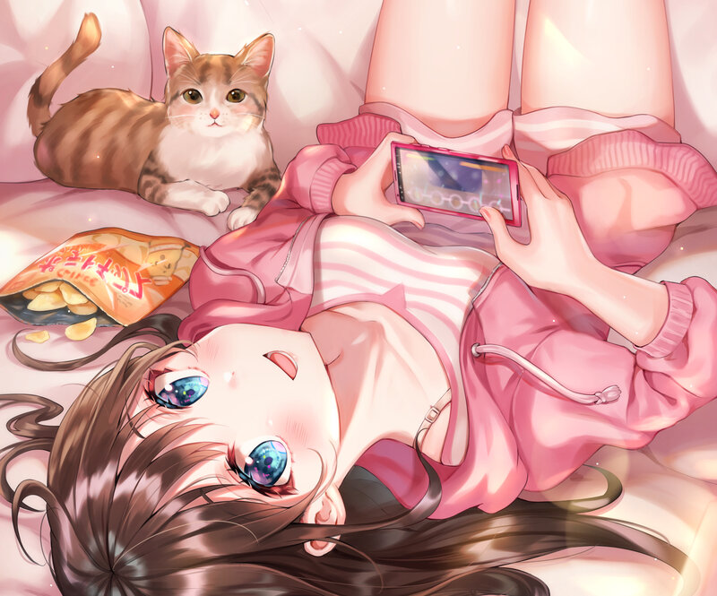 Girl with Cat on Bed — Pink