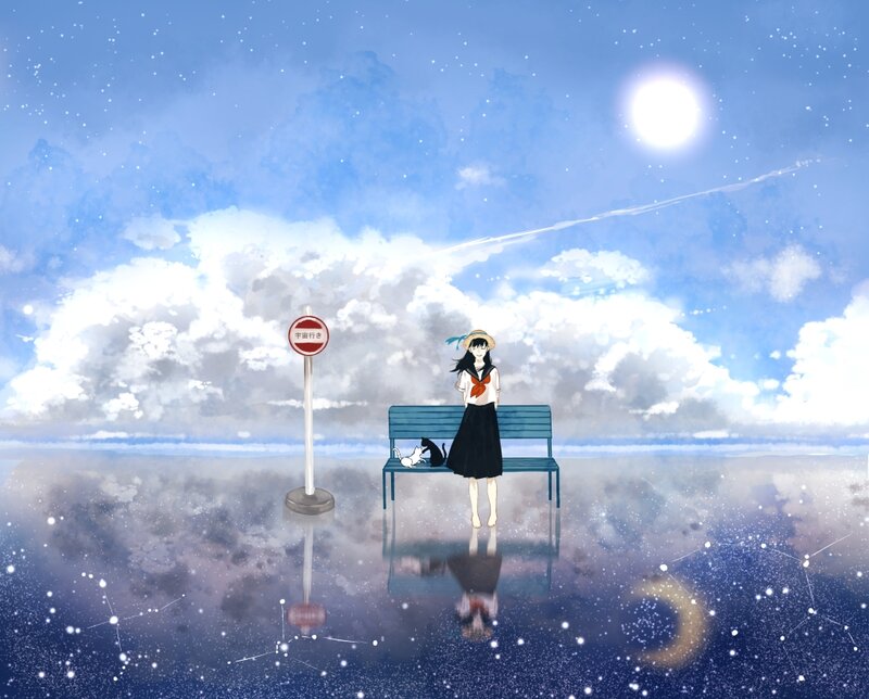 Girl with Cat on Bench