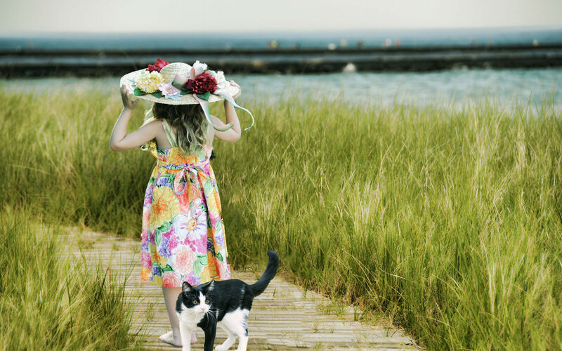 Girl with Cat on Boardwalk — Green, Serene